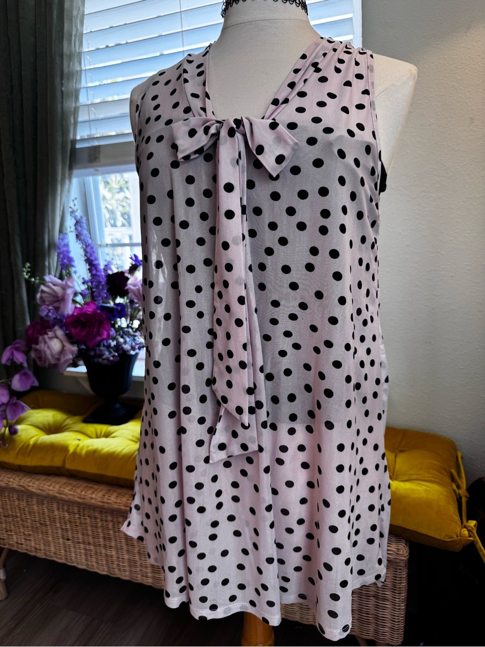 Pink Polka Dot Bow Tie Sleeveless Blouse